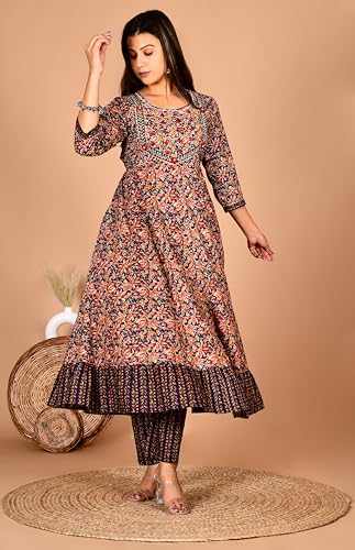 Image of Women's Cotton Embroidered Anarkali Kurta with Pant & Dupatta Set