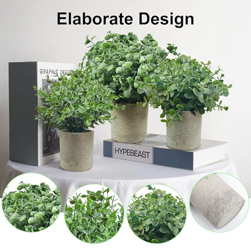 USLAI Small Potted Fake Plants(3-Pack), Mini Artificial Plastic Eucalyptus Plants Topiaries for Home Office Shelf Desk Farmhouse Room Coffee Table Decor