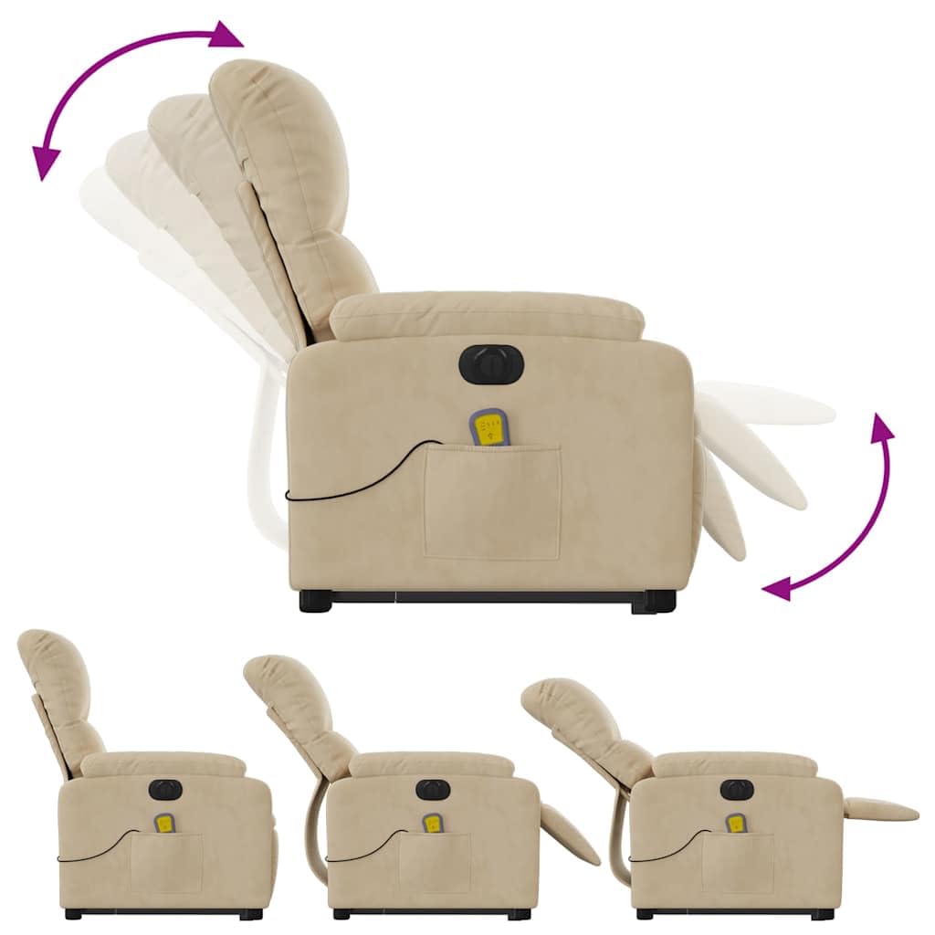 Sillón elevador eléctrico reclinable con masaje de 6 puntos y revestimiento de microfibra color crema, función de elevación e inclinación hasta 135 grados, estructura