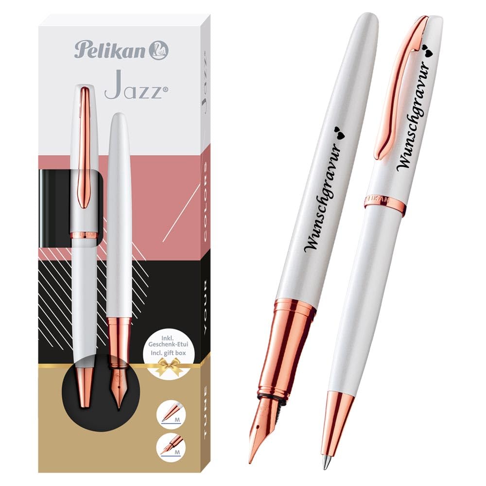 Pelikan Schreibset Füller & Kugelschreiber Jazz® Noble Elegance mit Wunschgravur | inkl. Geschenkeuti | Emoji Gravur | Perlmutt Weiß Schreibset mit Gravur PS202