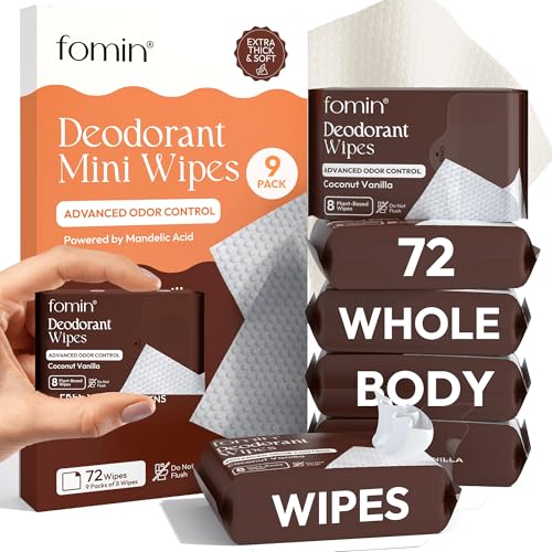 Image of FOMIN Acidified Mini Deodorant Travel Wipes - 72 Count Coconut Vanilla | pH Balanced, Biodegradable Mini Deodorant Wipes - Plastic-Free Underarm & Body Wipes for Women & Men - Fits Any Bag