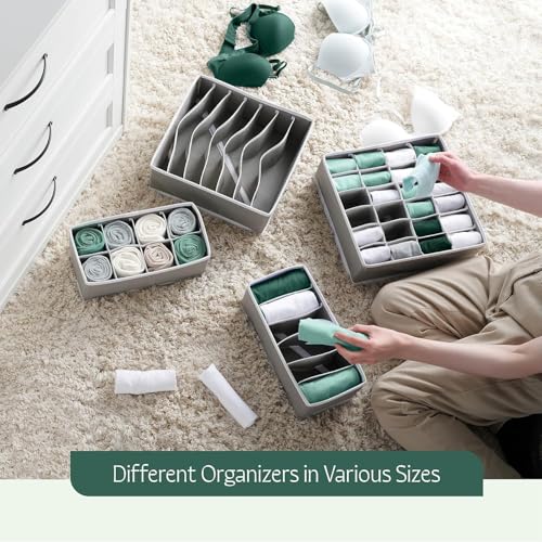 Image of Kuber Industries 4 Pcs Set Foldable Multicompartment Socks Organizer for Wardrobe | Cloth Organizer for Storage | Tie, Socks & Underwear Organisers Storage Box for Closet | Grey