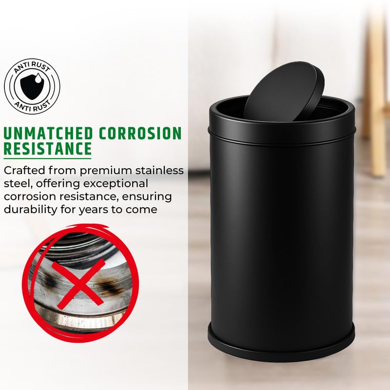 Image of Robustt Swing Lid Dustbin - 60L | Black Stainless Steel Trash Can | 12 Inch (W) x 28 Inch (H) | Swing lid dustbin with removable lid| For Kitchen, Bathroom, Office & Commercial Use - Pack of 1