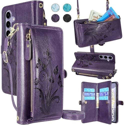 Lacass Case Wallet For Google Pixel 9 Pro XL, [12 Card Slots] ID Credit Cash Holder Zipper Pocket Detachable Leather Wallet Cover With Wrist Strap Lanyard(Floral Blue Green