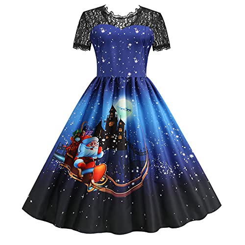 Weihnachtskleid Damen Lustig Kurzarm Spitze Patchwork Weihnachten Cocktailkleid 50er Jahre Hausfrau Vintage Rockabilly Kleid A-line Swings...