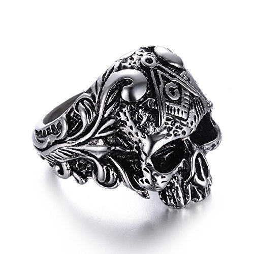 eejart 316L Stainless Steel Classic Masonic Skull Head Rings, Suitable for Hiphop Biker Domineering Punk Ring for Men (Silver, 13)