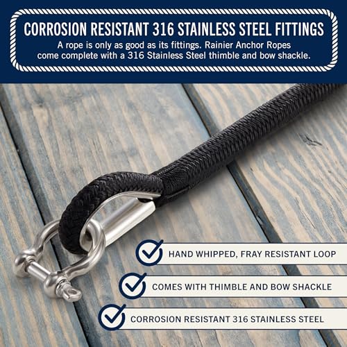 Image of RainierSupplyCo Boat Anchor Rope 50 ft x 1 /4 Inch - Double Braided Marine Rope Anchor Line - Nylon Boating Line with 316 Stainless Steel Thimble and Heavy Duty Marine Grade Snap Hook - Black