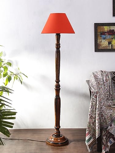 Image of Devansh Orange Cotton conical Wooden Floor lamp -19