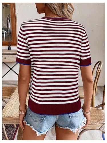 MakeMeChic Women's Striped Crew Neck T Shirt Tops Crew Neck Short Sleeve Knit Tee Top2