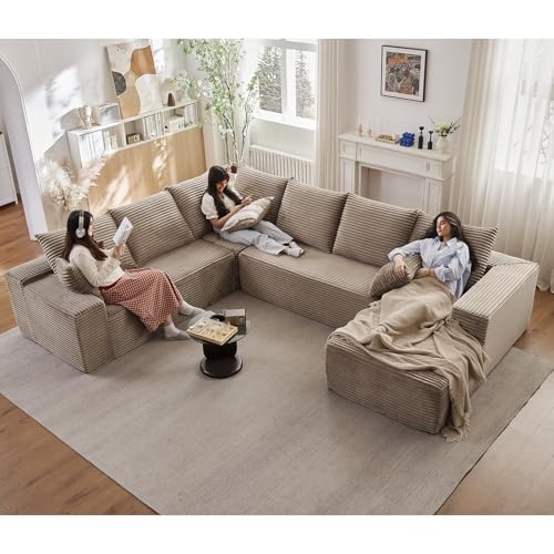 Image of Sectional Cloud Couch with L-Shape Chaise, Modern Modular Comfy Sofa with Deep Seat, Upholstered Corduroy Couches Stupendous U Shaped Sofas for Living Room Bedroom, No Assembly Required, Camel