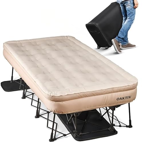 Oaktiv Twin Air Mattress with Frame, Self Inflating/Deflating Bed for Adults - PeakRest Blow Up Bed, Camping Cot with Mattress for Adults - Portable Twin with Travel Rolling Case on Wheels