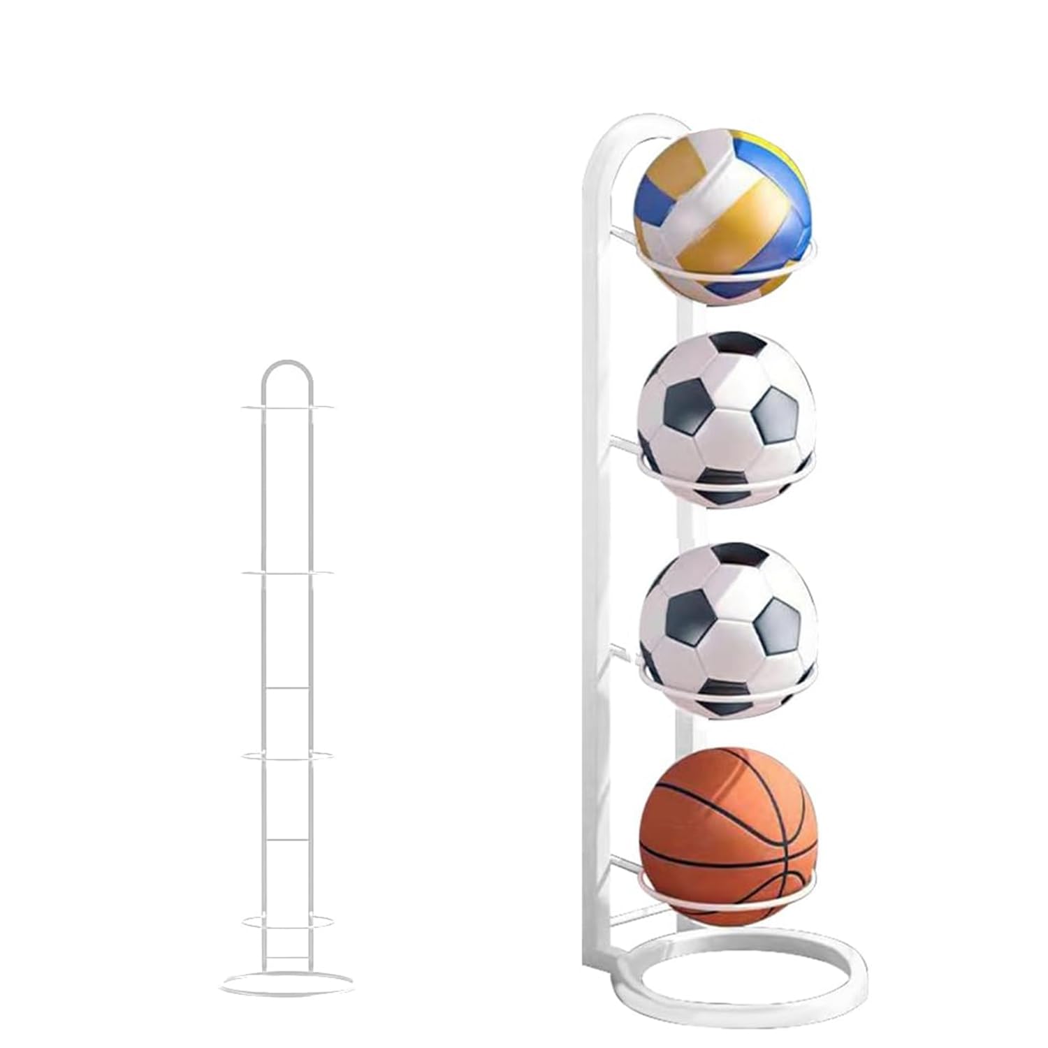 Senaire Football Stand, Metal Vertical Ball Stand Organizer Holder for Basketball Football Soccer Volleyball Rugby, Space-Saving Removable Ball Storage Rack for Garage, Bedroom, Gym (White, 4 Tier)