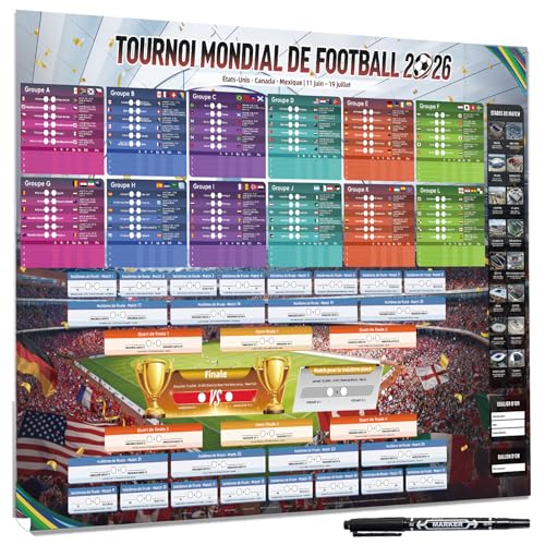 AhfuLife Calendrier Coupe du Monde de Football 2026, 1Pcs Affiche pour Coupe du Monde Decor-100 x 70cm Poster de Football - Inclure 48 Pays Phase de Groupes et...
