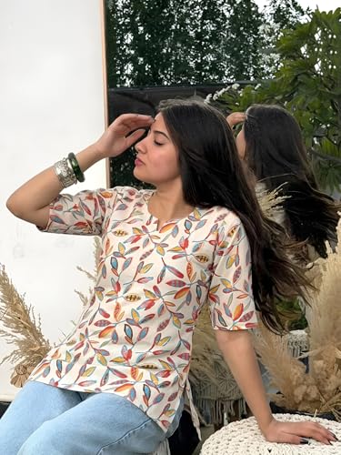 Image of Pinkmint Women Short Kurti | Cotton Blend Printed Tunic Top | Trendy Casual Top | Casual & Office Wear Ethnic Top for Jeans