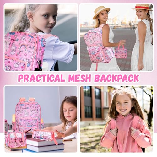 Image of Silkfly 3 Pcs Mesh Backpack Set, Heavy Duty Semi-transparent Bookbag with Lunch Bag Pencil Case for Travel, Beach, Sports