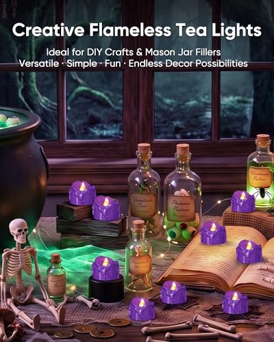 Image of Homemory Purple Dripping Flameless LED Tea Lights, 1.58 inch x 1.2 inch Battery Operated Flickering Fake Candles, 200+ Hours Electric Votive Tealights for Wedding, Halloween, Christmas Centerpieces, 12 Pack