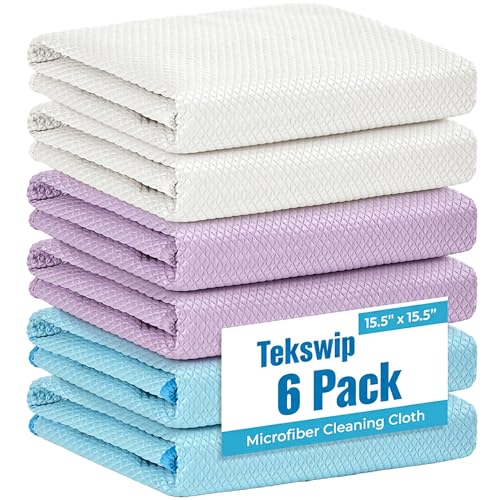 Tekswip Microfiber Glass Cleaning Cloth White Purple Blue 6 Pack