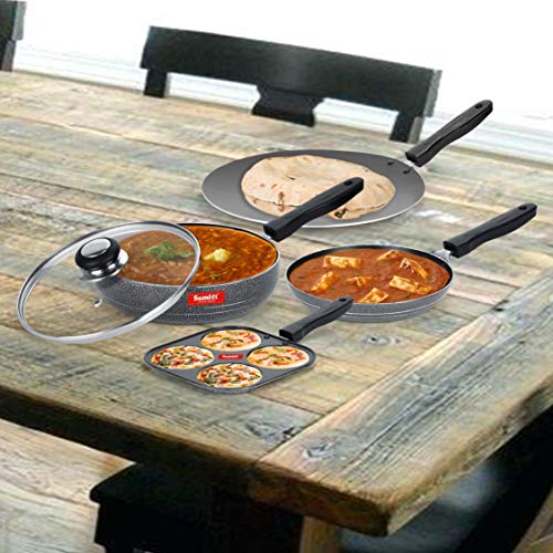 Image of Sumeet NonStick Musta Cookware Set (Mini Multi Snack Maker - 4 Cavity -19.5cm + Frypan with Glass Lid - 1.5Ltr - 22Cm Dia + Tapper pan - 0.6Ltr - 20Cm Dia + Conceve /Roti Tawa - 28Cm Dia)