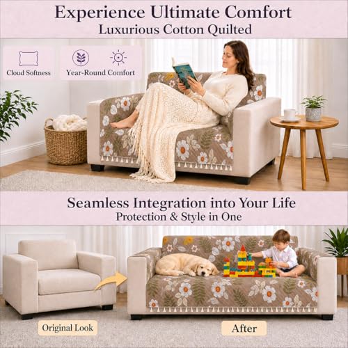 Image of STITCHNEST 'Frostvine Collection' 3 Seater Sofa Cover - Full Coverage| Cotton Quilted Fabric, Decorative Tassels, Washable & Durable for Modern Living