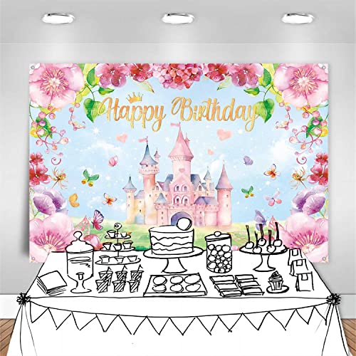 Ldwlyw 1122334455667728 Princess Birthday Backdrop For Girls Pink Princess Castle Happy Birthday Banner Backdrop For Kids Royal Castle Butterfly Birthday Party Decorations Background Photo Props 5X3Ft thumb #5
