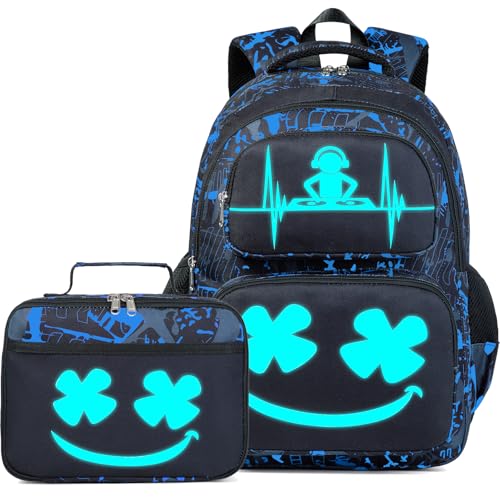 AUIVTY Mochila para meninos e meninas com lancheira que brilha no escuro, para crianças de 4 a 12 anos, ensino fundamental e médio, Azul com branco, Medium, Mochilas Daypack