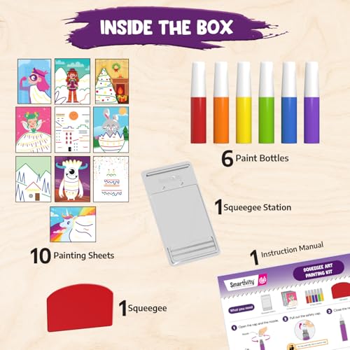 Image of Smartivity Squeegee Art Painting Kit for Kids 4-8 Years - DIY Swipe & Swirl Canvas Painting Set - Make 10 Colorful Art Sheets - Creative Birthday Gift for Boys & Girls