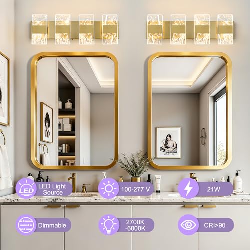 Image of Modern LED Bathroom Light Fixtures Dimmable 4-Light Gold Vanity Light