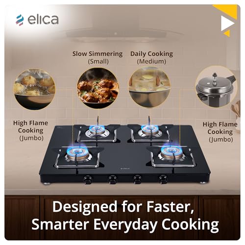 Image of Elica Slimmest 4 Burner Gas Stove | Ultra Slim Frame | Forged Brass Burners | Toughened Glass Top | 7 Year Warranty on Glass & 5 Year Warranty on Burners | 694 CT VETRO (SLIMLINE SPF 2J) | Black