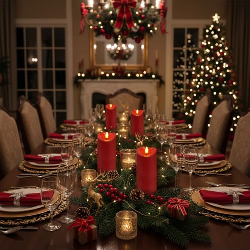 Image of Homemory Burgundy Flameless Candles, Waterproof Flickering Candles, Outdoor Battery Operated LED Pillar Candles with Remote Timer, Electric Fake Plastic Candles, Red, Christmas Decor, 3 inch x 8 inch8 inch