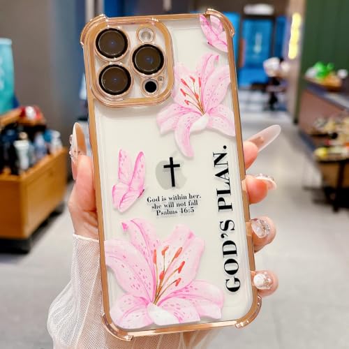 Coque iPhone 14 Pro plan de Dieu motif croix de lys pour exprimer votre foi au quotidien