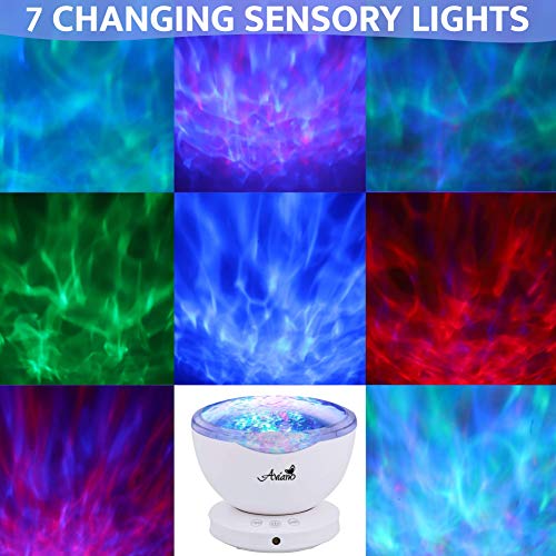 Wave Light Projector For Autism Sensory Toys –Bundle With Blue Compression Sensory Blanket –Features 7 Sensory Lights, 6 Relaxing Sounds With Aux Cable– Led Color Stimulation For Autism Gifts #TOP4