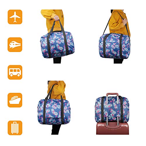 Wandf Foldable Travel Duffel Bag Carryon Luggage Sports Gym Weekend Tote Bag Water Resistant Nylon for Women (Flamingo F)
