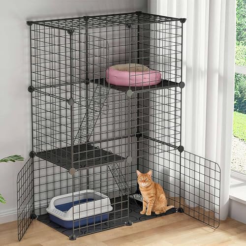 TeqHome Large 3-Tier Cat Cage, Indoor Cat Enclosures Pliable DIY Cat Playpen, Detachable Metal Wire Kennels Cat Crate Box House with 3 Doors 2 Ramp Ladders for 1-2 Cats, Black - 28.2" x 14.0" x 42.1"