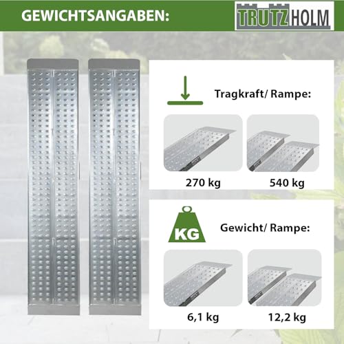 TRUTZHOLM 2 x Auffahrrampen 200 x 28 cm 540 kg als Paar 270 kg Stück Alu gelocht starr grau Verladerampen Motorradrampen
