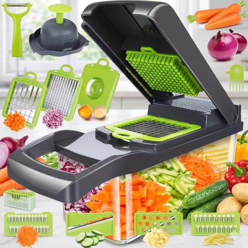 All in One Vegetable Chopper, 16 Blade Slicer for Kitchen, Food Chopper, Vegetable Slicer and Spiralizer, Cutter, Dicer, Grater, Kitchen Gadgets Sets with Container,