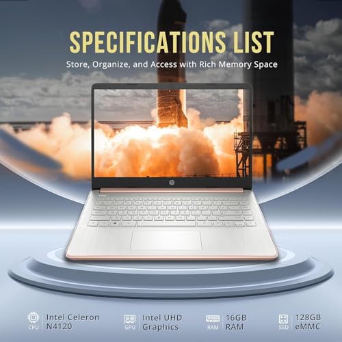 Image of HP 2024 Stream 14 inch HD Thin and Light Laptop, Intel Celeron N4120, 16GB RAM, 128GB eMMC Storage, Long Battery Life, HD Webcam, HDMI, Rose Gold, Office 365 1-Year, Windows 11 S, 128GB Cuertns MicroSD