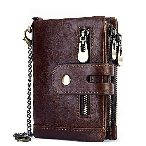 boshiho Real Leather RFID Blocking Bifold Wallets for Men Double Zipper Coin Pocket Purse with Anti-Theft Chain, Brown, 4.9*3.7*0.8 inch, Chain Wallet