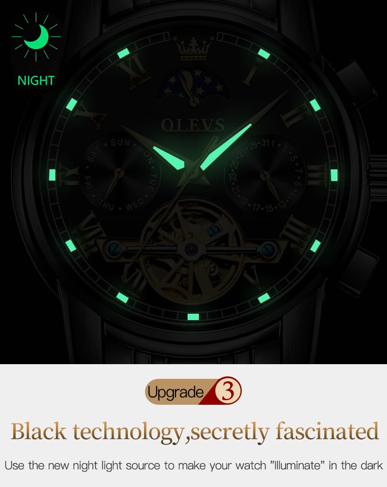 Image of OLEVS Mens Automatic Watches Skeleton Tourbillon Mechanical Self Winding Luxury Dress Wrist Watch Moon Phase Waterproof Luminous Watch Gifts