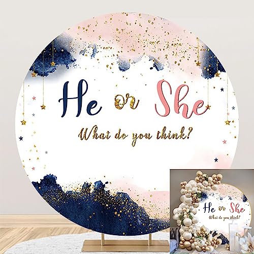 OERJU 6x6ft Navy and Blush Gender Reveal Round Backdrop Pink Blue Boy or Girl He or She Gold Star Sequins Photography Background Baby Shower Pregnancy Reveal Surprise Party Decoration Banner
