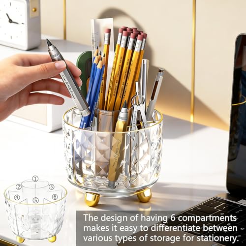 Image of GOTOBA Pen Holder for Desk, 6 Slots 360 Degree Rotating Desk Organizers - Pencil Pen Organizers for Desk - Pencil Holder for Desk - Pencil Cup Pot for Office School Home Art Supply (Transparent)