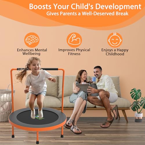 3FT Foldable Kids Trampoline, 36'' Indoor & Outdoor Mini Trampoline for Toddlers, Max Capacity 220 LBS, Adjustable Handlebar, Quiet & Safe Design