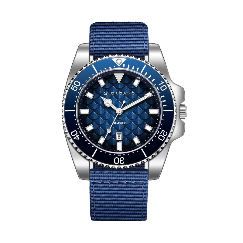 Image of Giordano Analog Quartz Watch for Men with Black Textured Fish Scale Dial, Luminous Hands & Markers, Date Window, Nylon NATO Strap, Rotating Bezel