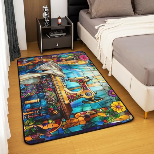 Tapis de salon patchwork thème couture occidentale en vitrail rétro - 5