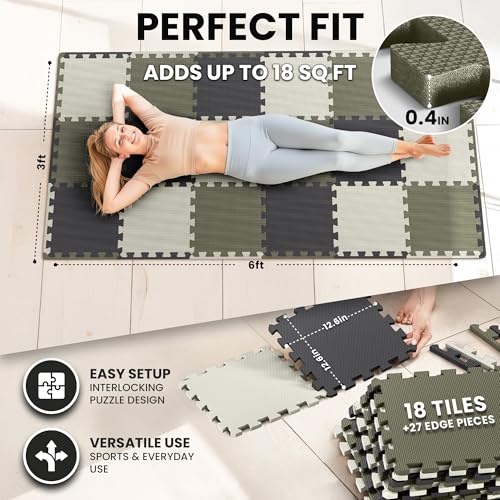 Image of bemaxx Gym Mats Set - 18 pcs EVA Interlocking Foam Floor Tiles (12.6 inchx12.6 inchx0.4 inch) 18sqft Protective Gym Flooring Sports Home Workout Exercise Mats Puzzle Garage Fitness Play-Room Pool Treadmill Bike