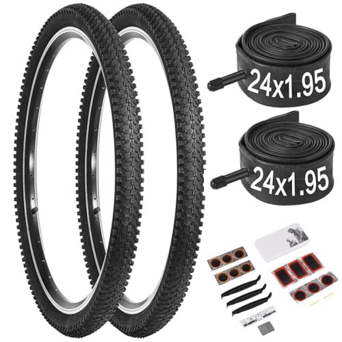 24 Inch Bike Tire, 2 Pack 24x1.95 Bicycle Tire and Tube with Repair Kit, Folding Portable MTB Tires, Replaceable 24 x 1.95 Bike Tire with Inner Tubes and Levers,24 Mountain Bike Tire for City Roads