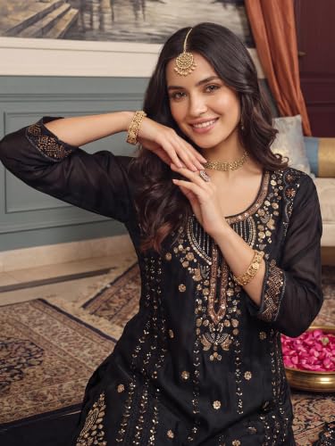 Image of INDO ERA Women's Silk Blend Embroidered Stone Work Straight Kurta & Pant with Dupatta Set | Kurta Sets For Woman