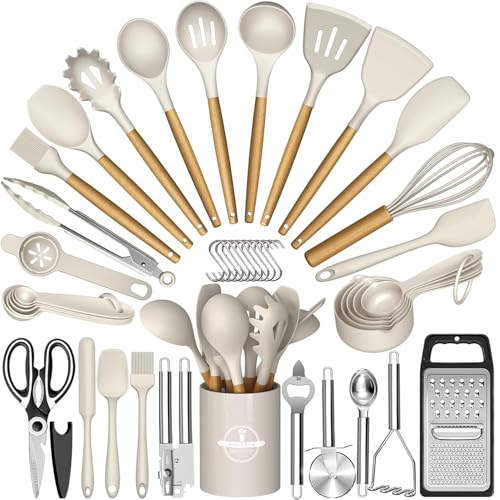 35Pcs Silicone Cooking Utensils Set Kitchen Utensils Set Chef Heat Resistant Kitchen Utensil Spatula Set for Nonstick Cookware Wooden Handles Kitchen Gadgets Tools Set (Khaki)