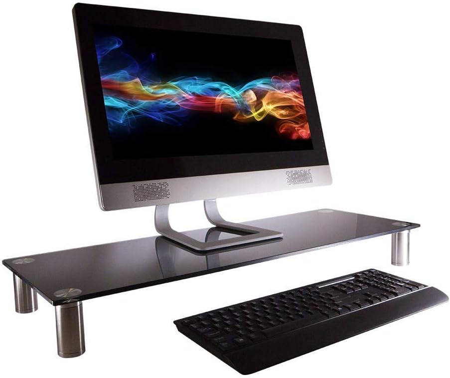 Monoprice Large Multimedia Desktop Stand - Black Glass (30.8 x 11in) Stand & Riser, Desktop TV Stand, Dual Monitors w/Height Adjustable Legs