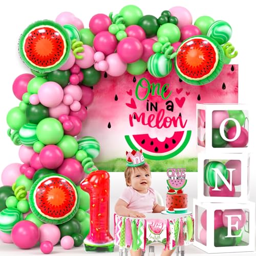 SNLN One In A Melon Party Decorations Watermelon 1st Birthday Decorations Girl ONE Balloon Boxes Backdrop Watermelon Balloon Arch Chair Banner Crown Cake Topper Foil Balloon First Birthday Decor
