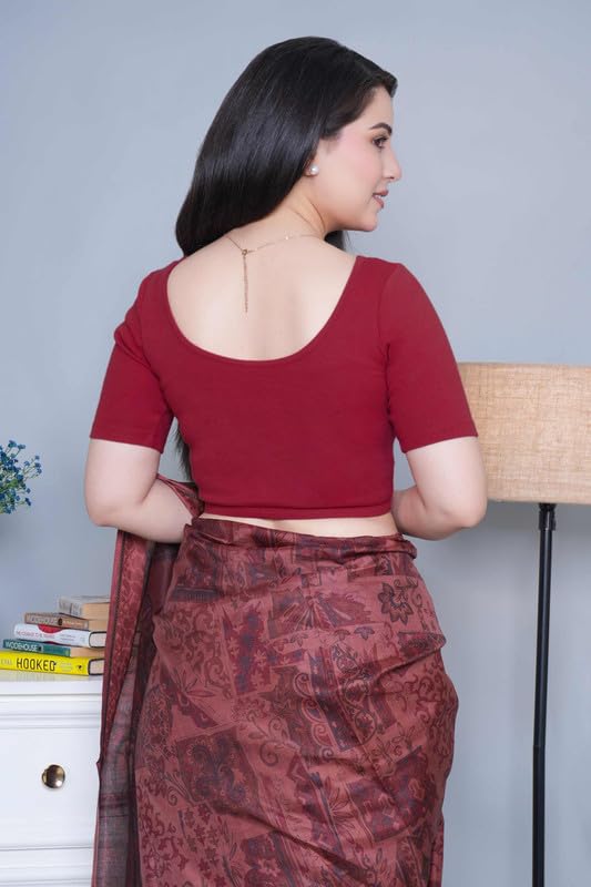 Image of Mlada V-Neck Stretchable Saree Blouse Top for Women | Slim Fit Short Sleeves Solid Cotton Blouses | Readymade Saree Blouses for Women Festive & Ethnic | Blouse Crop Top